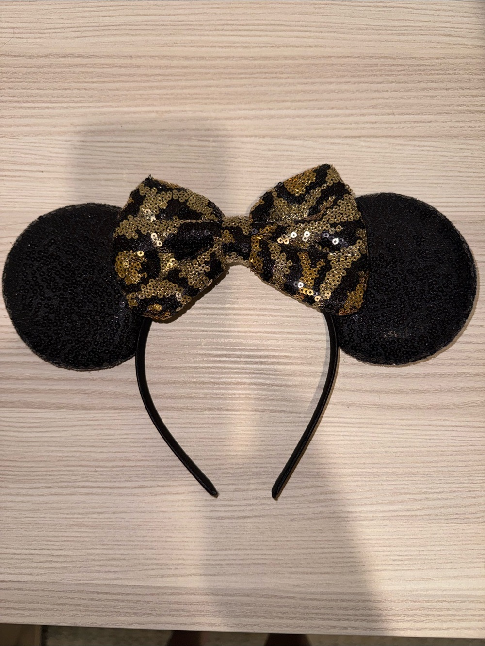 New Disney Black Sequin Mouse Ear Headband with Gold Leopard Sequin Bow